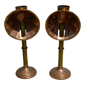 Vintage Sarreid Korea Copper & Brass Reflector Candle Stick Student Lamps Lights - a Pair