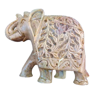1980s Handcarved Gorara Marble Draped Trunk-Up Elephant Sculpture