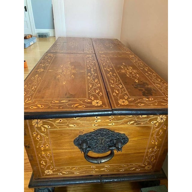 A very rare unique Marquetry Chest in Teakwood. Purchased in Indonesia in the 90s. Dovetail construction. Inlaid wood on...