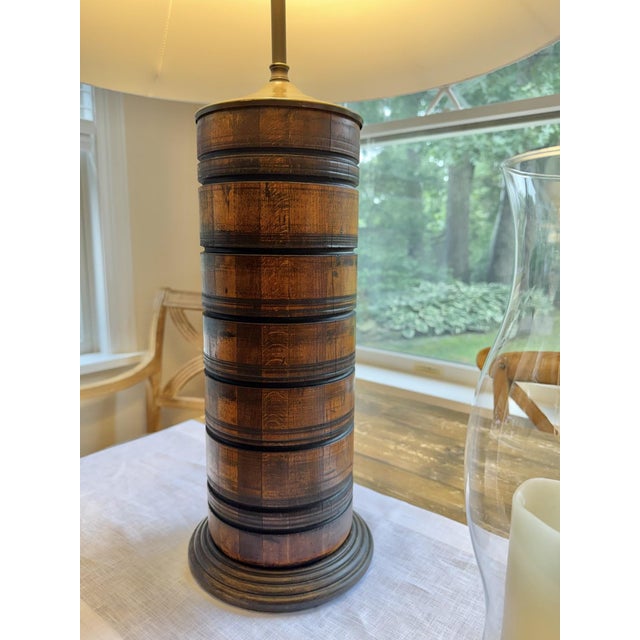 1990s Turned Wood Barrel Form Table Lamps With Shades, Set of 2 For Sale - Image 5 of 18
