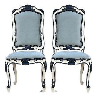 Pair of Early 20th Century Handpainted French Napoleon III Style Painted Side Chairs With New Velvet Upholstery For Sale