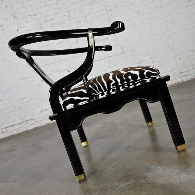 Black Vintage Ming Style Black Lacquer & Brass Low Chair After James Mont in Scalamandre El Morocco Espresso Fabric For Sale - Image 8 of 13