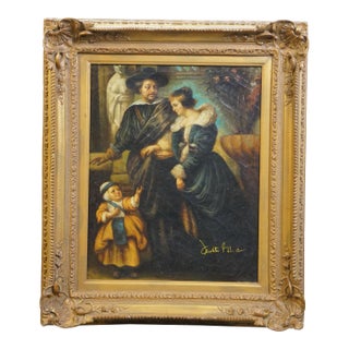 Late 20th Century Helena Fourment and Son Frans Portrait Oil Painting After Peter Paul Rubens 27" For Sale