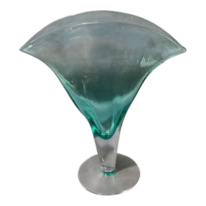 Vintage Mid-Century Modern Attributed Blenko Art Glass Blue Teal Fan Vase