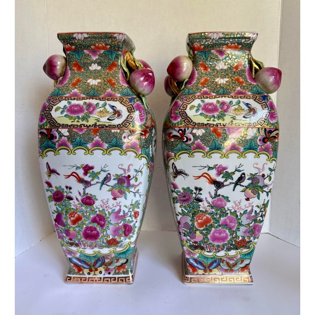 Pair of Chinese Porcelain Hand-Painted Famille Rose Vases With Plum Fruit Handles For Sale - Image 9 of 12