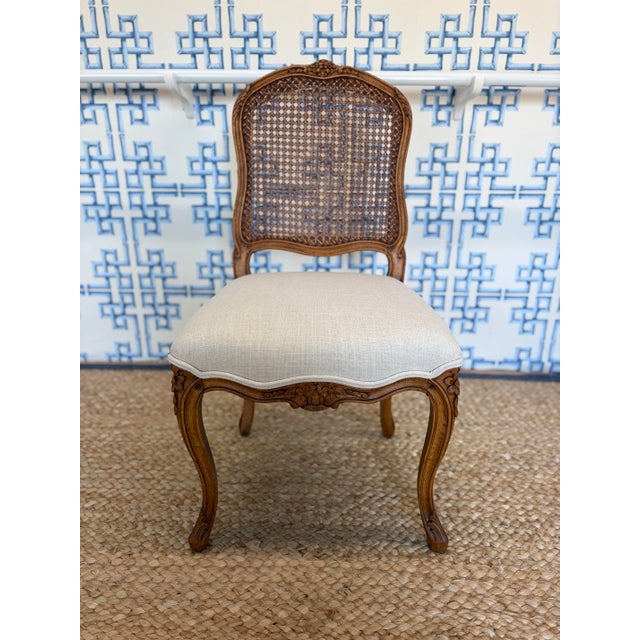 Set of Six Carved Wood Cane Back Dining Chairs With Upholstered Seats For Sale In New York - Image 6 of 6