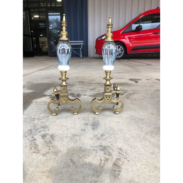 Brass Pair of St Clair Glass and Brass Andirons For Sale - Image 8 of 11