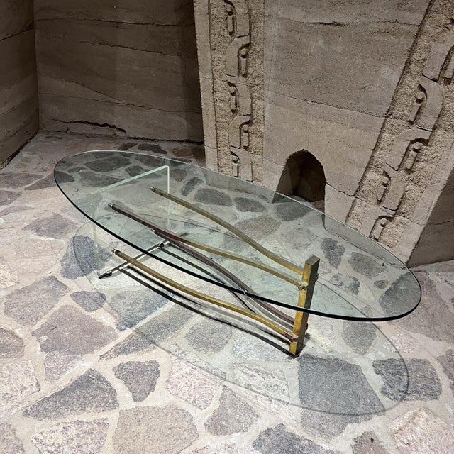 1960s Oval Coffee Table Lucite and Brass After Charles Hollis Jones