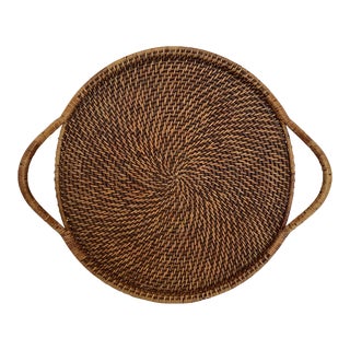 Vintage Round Wicker and Rattan Woven Serving Tray With Handles For Sale