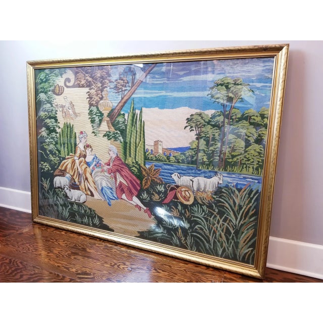 Vintage Extra Large Giltwood Framed Colorful 18th Century Scene Needlepoint with Glass 55 1/2" wide by 39 5/8" tall circa...