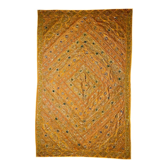 Exquisite Ornate Vintage Indian Hand Embroidered Beaded Silk Bed Throw Tapestry For Sale