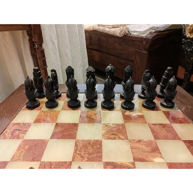 Rosewood Chess Table with Marble Top and Chess Set in Brass and Bronze, 1930s For Sale - Image 6 of 15