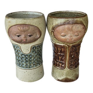 Vintage Handmade Ceramic Face Goblets - Set of 2 For Sale