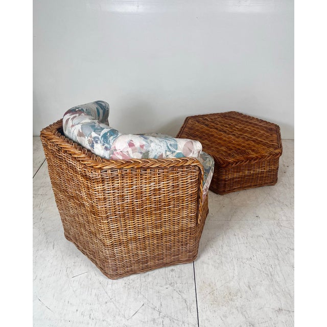 Wood Vintage Braided Wicker Rattan Hexagonal Chair and Ottoman Set For Sale - Image 7 of 11
