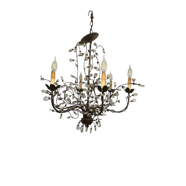 French Country French Pair of Wrought Iron and Crystal Branch Chandeliers For Sale - Image 3 of 10