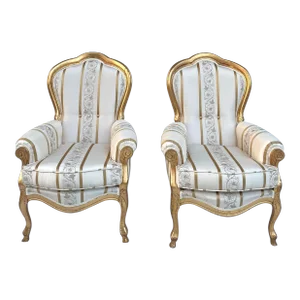 Pair of French Embroidered Silk Giltwood Gold Leaf Armchairs
