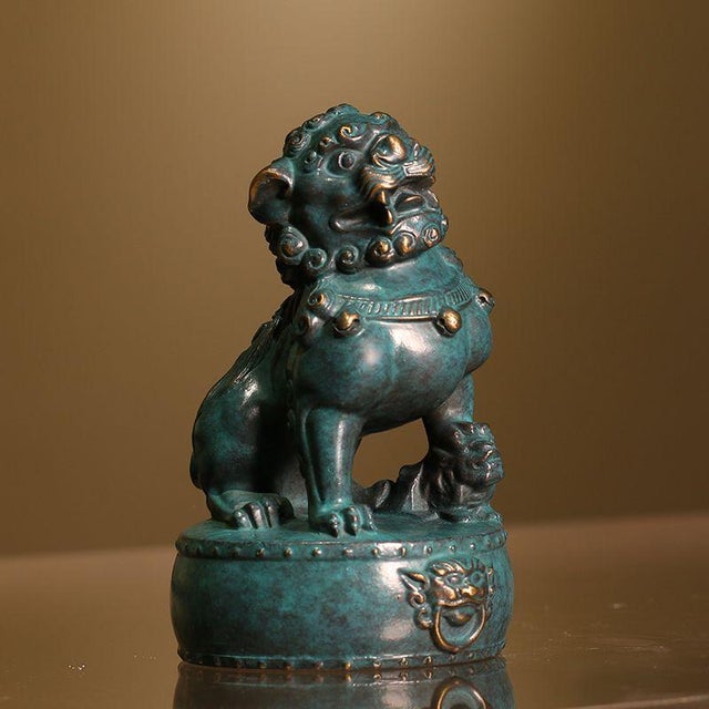 Pair of Vintage Chinese Bronze Guardian Lions – "Eastern Awakening Lion" Palace Foo Dogs For Sale - Image 4 of 6