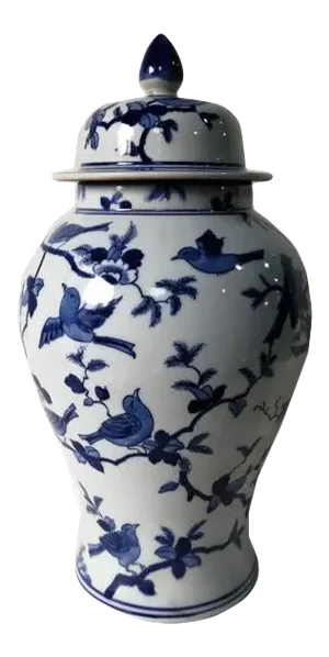 Chinese Blue and White Decorative Porcelain Ginger Jar With Birds on Tree