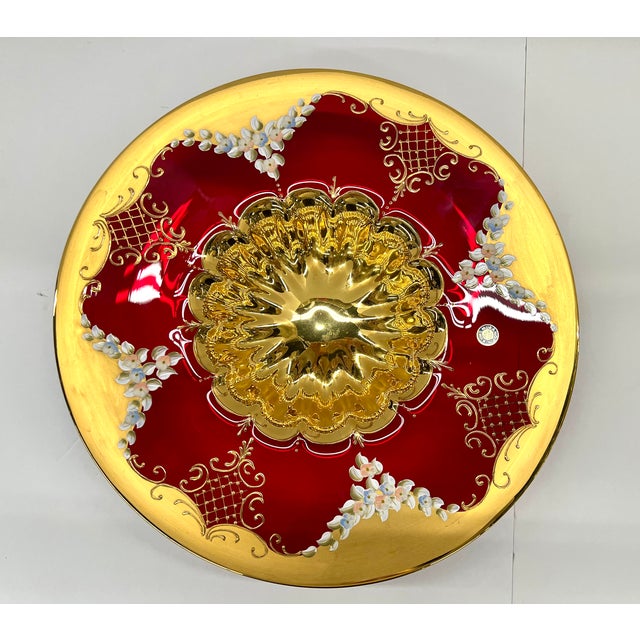 Murano Murano Italy Hand Formed Painted Floral and Gold Plate / Bowl / Art Glass - Signed For Sale - Image 4 of 13