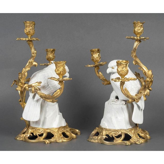 Japanese Porcelain and Gilt Bronze Falcon Candelabras, 19th Century, Set of 2 For Sale - Image 3 of 12