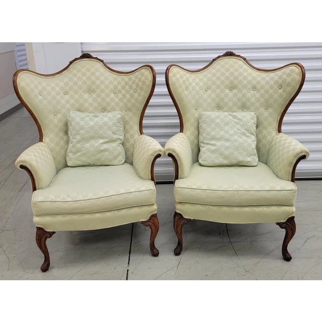 French Pair of Mid-Century French Louis XV–Style Carved Walnut Wingback Chairs For Sale - Image 3 of 13