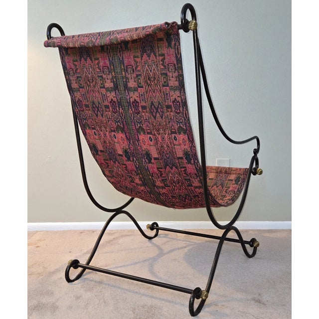 Campaign 1980s Attributed to David Hicks Wrought Iron Tapestry Sling Chair With Brass Finials For Sale - Image 3 of 16