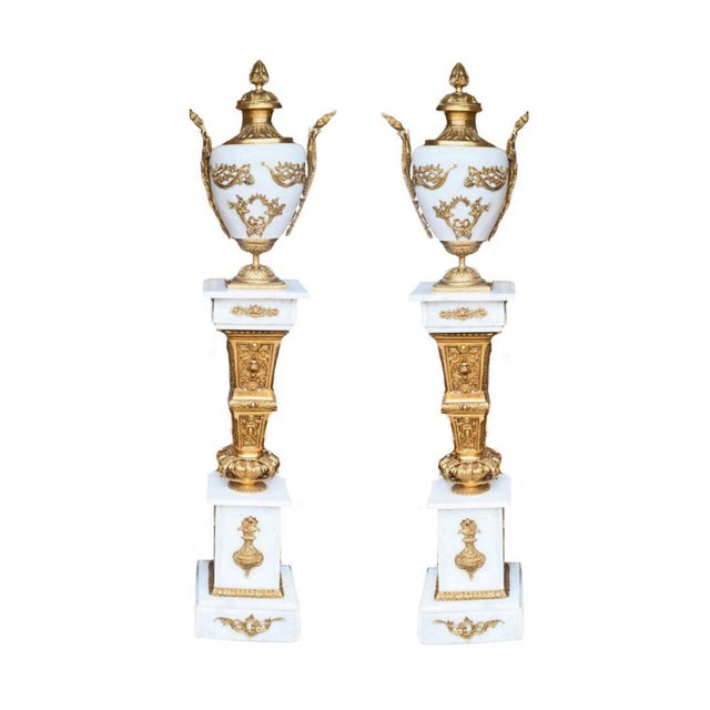 Metal Louis XVI Revival Pedestals with Marble Ormolu Urns, Set of 2 For Sale - Image 7 of 7