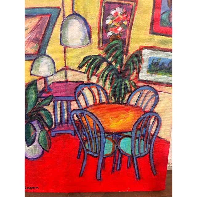 1960s Signed Original Acrylic (Maybe Oil) Painting Colorful Interior Dining Room Mid-Century Modern For Sale - Image 4 of 4
