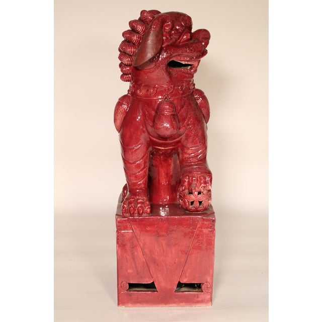 Chinoiserie Pair of Large Maroon Color Foo Dogs For Sale - Image 3 of 10