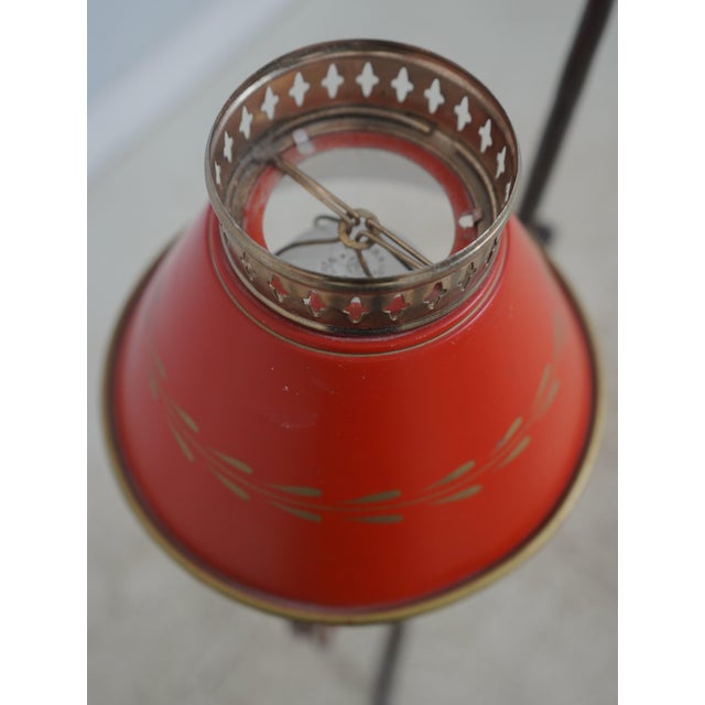 1930s Colonial Wrought Iron Tripod Adjustable Floor Lamp W. Tole Shade For Sale - Image 4 of 9