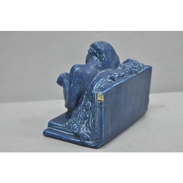 Antique Rookwood Blue Glazed Ceramic Nude Female Figure Reading Book Bookend For Sale - Image 9 of 16