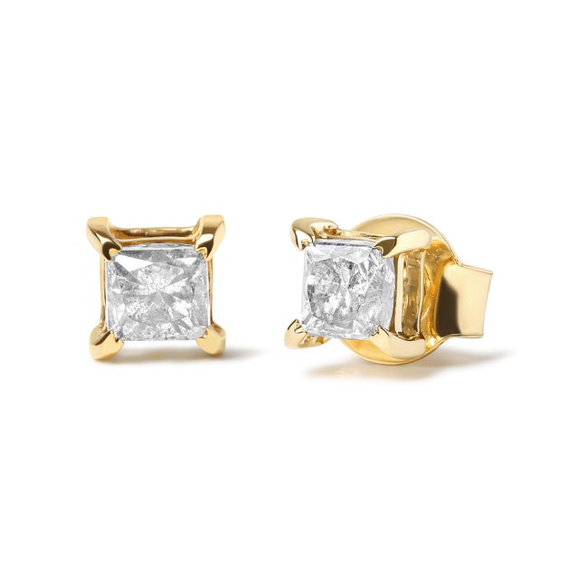 Elevate your style with these IGI certified princess stud earrings. Crafted with 14K yellow gold, they feature two natural...