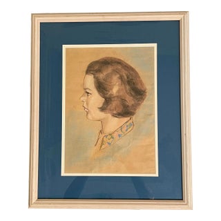 Mid Century Modern Female Framed Original Pastel Portrait For Sale