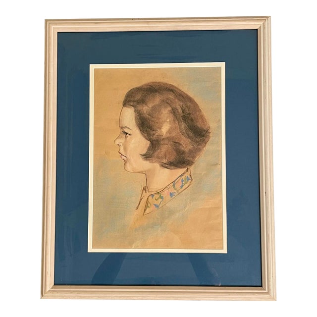 Mid Century Modern Female Framed Original Pastel Portrait For Sale