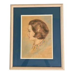 Vintage Mid Century Modern Female Silhouette Framed Original Pastel Portrait, Blue and Off-White