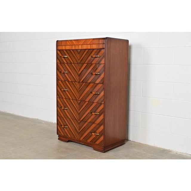 Donald Deskey Style Antique Art Deco Inlaid Walnut Waterfall Highboy Dresser or Chest of Drawers, Circa 1930s For Sale - Image 12 of 12