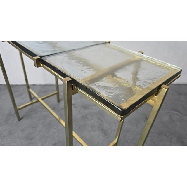 Glass Pair of Bespoke Brass and Cast Glass Console Tables For Sale - Image 7 of 10