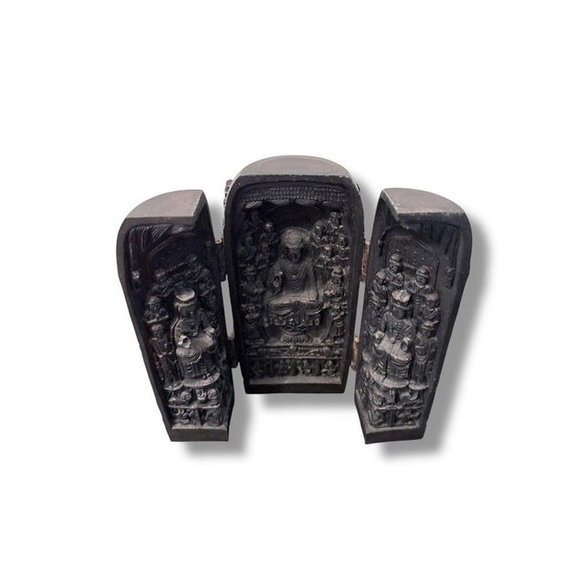 Vintage Hand-Carved Wooden Buddhist Triptych Shrine For Sale - Image 5 of 9