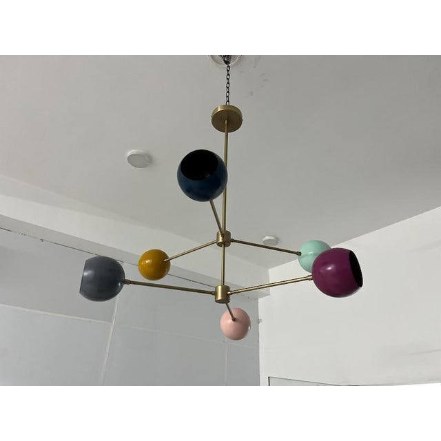 Multi Color 6 Arm Brass Sputnik Chandelier | Mid Century Modern Pendant Light For Sale - Image 4 of 7