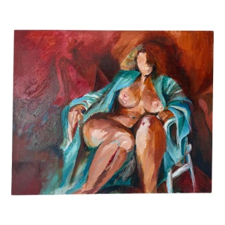 1983 Marcia Davis “Seated Nude With Blue Robe” Mixed Media Oil on Canvas Painting – Unframed For Sale
