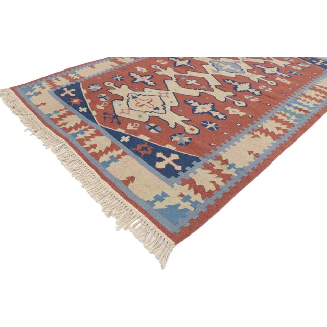 Vintage Persian Shiraz Kilim Rug with Rustic Tribal Style 04'03 x 06'01. Full of tiny details and a bold expressive design...