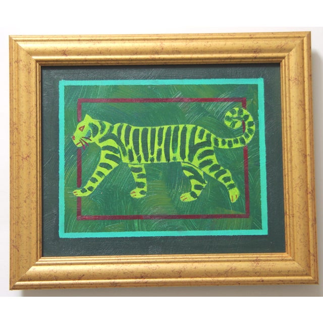 2020s Tiger Minimalism Folk Art Pop Art Pink Raspberry Red Orange Burgundy Original Oil Painting by Clleo Plowdeneo Plowden For Sale - Image 5 of 5