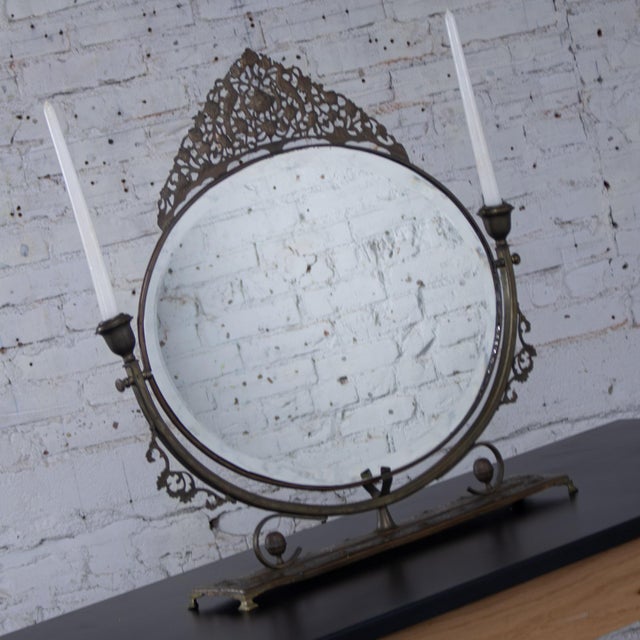 Late 19th to Early 20th Century Art Nouveau Tabletop Metal Vanity Oval Beveled Mirror W/Candle Holders For Sale - Image 15 of 18