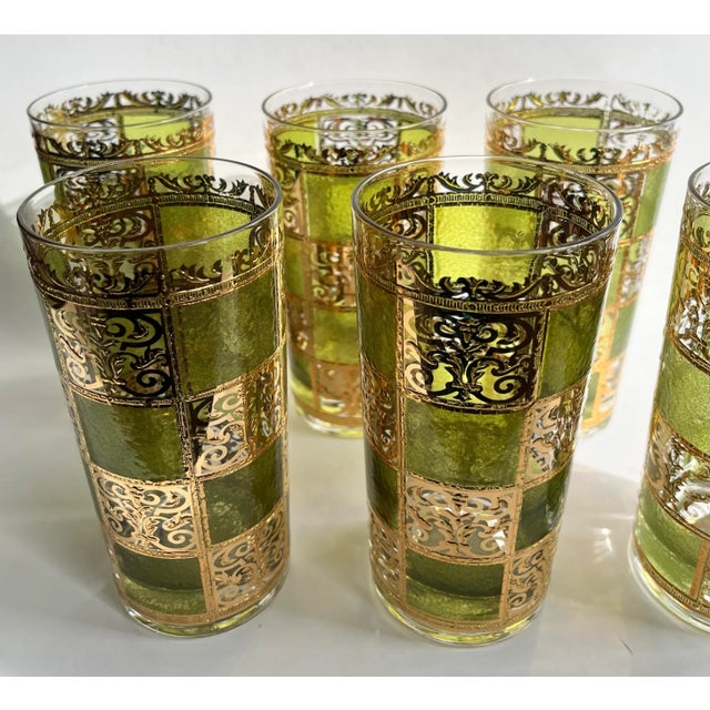 1950s Mid-Century Modern Culver Prado 22 Karat Gold & Green Highballs - Set of 6 For Sale - Image 5 of 12