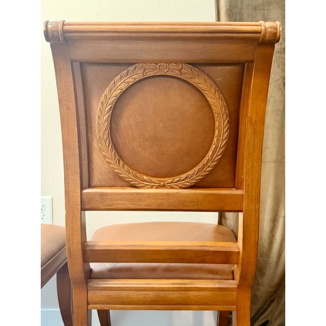 Neoclassical Pair of Bernhardt Handcrafted Wood & Leather Dining Chairs Made in Thailand For Sale - Image 3 of 11