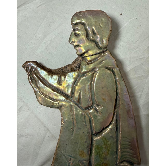 1920s Big Antique Handmade Figural Green Iridescent Glaze Man Pottery Wall Tile Art For Sale - Image 5 of 11