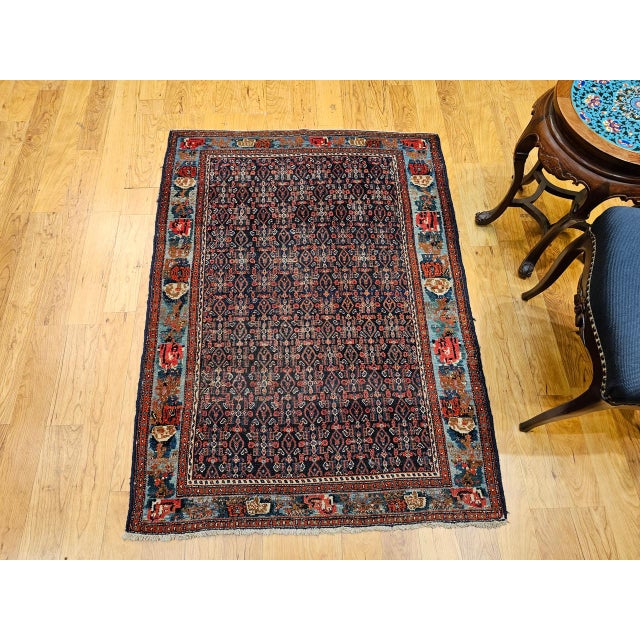 Antique Persian Senneh Area Rug, Hand-Knotted Wool, Herati Pattern & Gol Farang Border, Navy & Light Blue, 4x5 For Sale In Chicago - Image 6 of 18