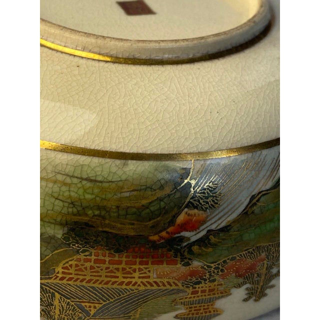 Celadon Meiji Period Japanese Satsuma Lotus-Form Bowl, C. 1890–1910, Hand-Painted Landscape & Moriage Gilt For Sale - Image 8 of 11