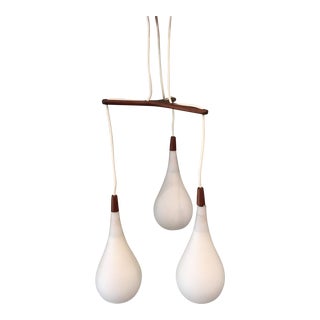 1960s Mid-Century Modern Danish Teak & 3 Frosted Glass Hanging Pendants For Sale