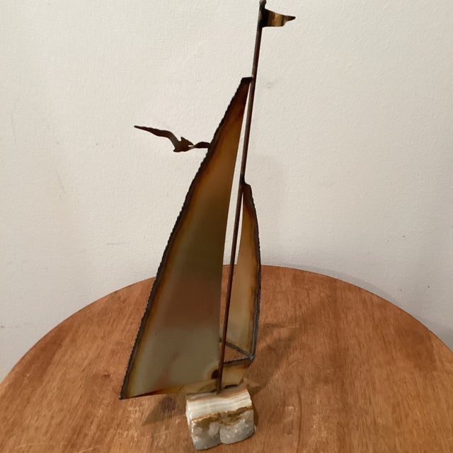 Mid-Century Modern Brass & Copper Sailboat Sculpture on the Stone Base by Curtis Jare Circa1960 For Sale - Image 9 of 12